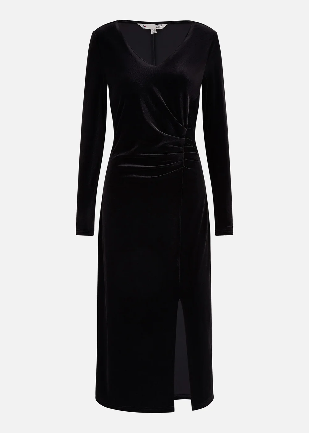 Yumi Black Velvet V Neck Fitted Ruched Midi Dress - Size 8 Image 3