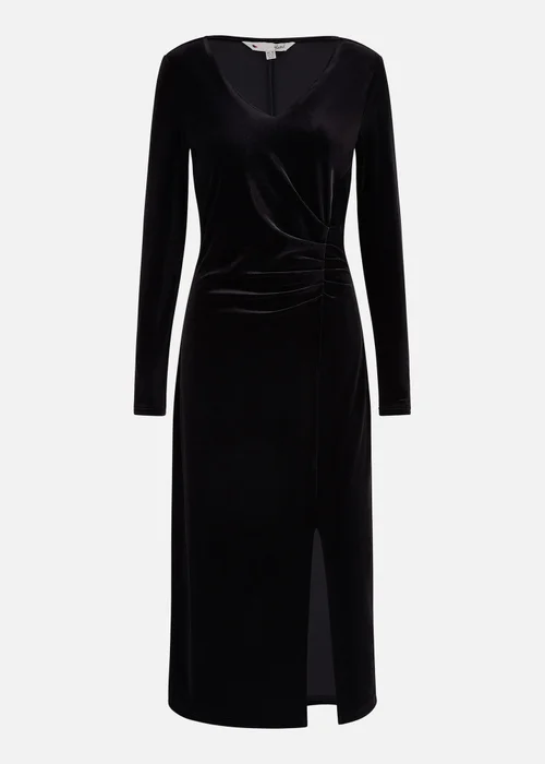 Yumi Black Velvet V Neck Fitted Ruched Midi Dress - Size 8 Image 3