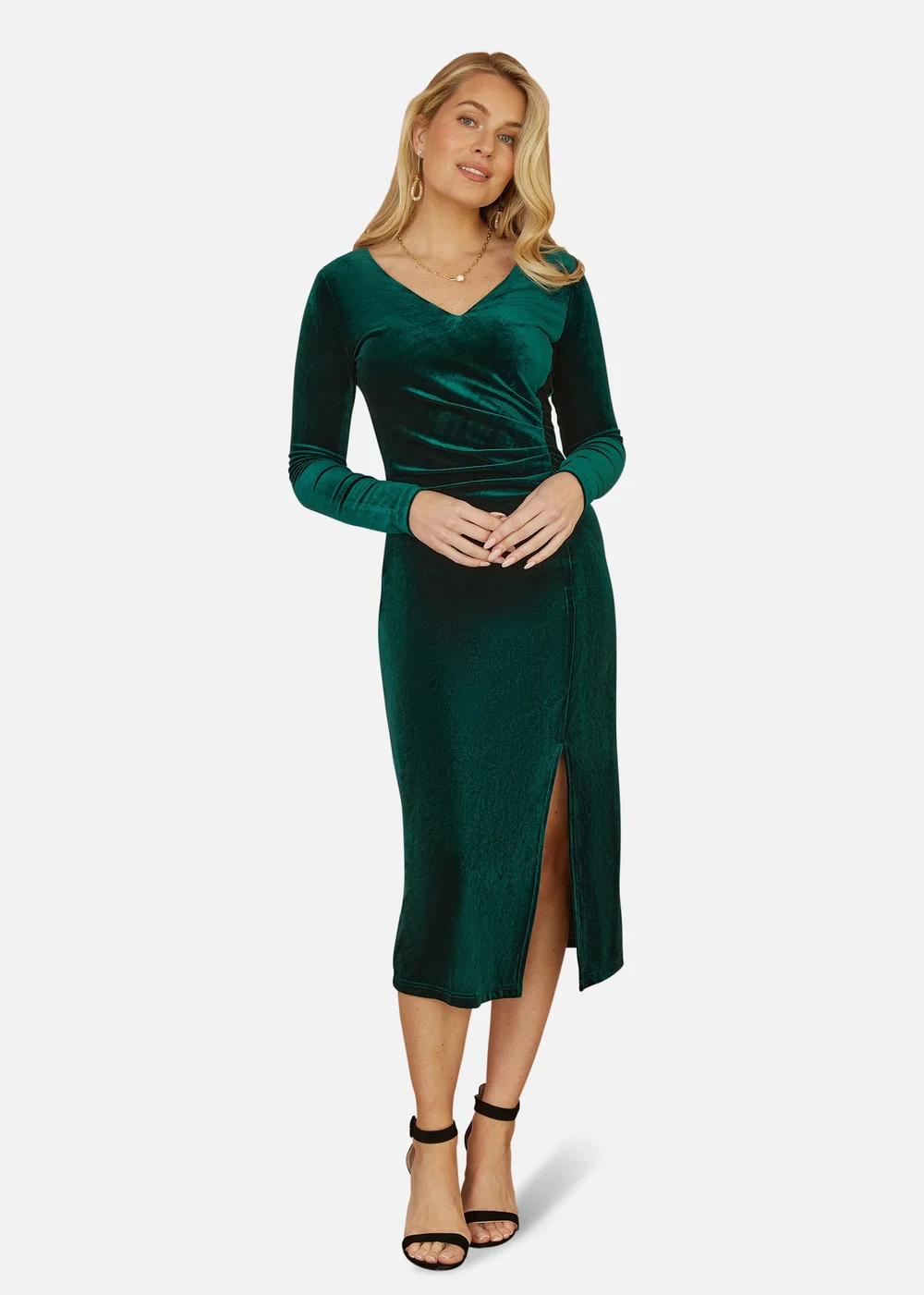 Yumi Green Velvet V Neck Fitted Ruched Midi Dress - 12 | Matalan Yumi Green Velvet V Neck Fitted Ruched Midi Dress - 12 | Matalan