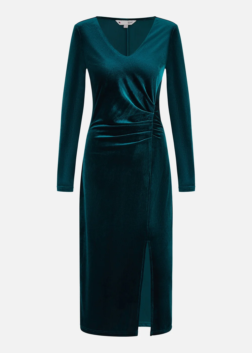 Yumi Green Velvet V Neck Fitted Ruched Midi Dress - 12 Yumi Green Velvet V Neck Fitted Ruched Midi Dress - 12