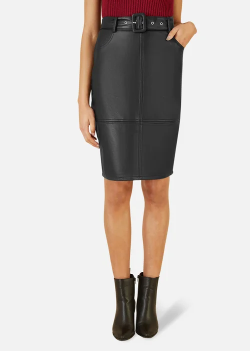 Yumi Black Faux Leather Midi Pencil Skirt With Matching Belt - 8 Image 2