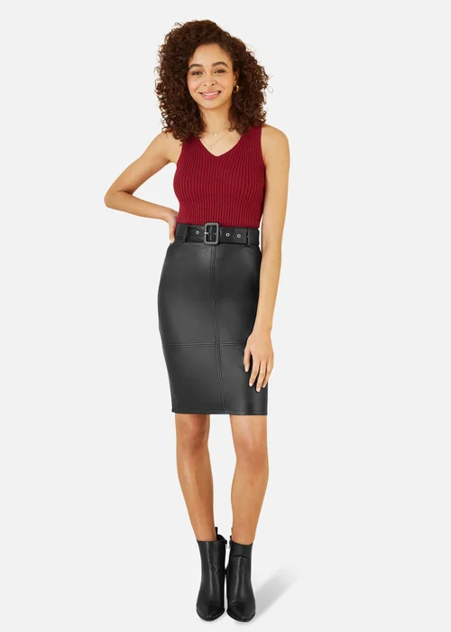 Yumi Black Faux Leather Midi Pencil Skirt With Matching Belt - 8 Image 1
