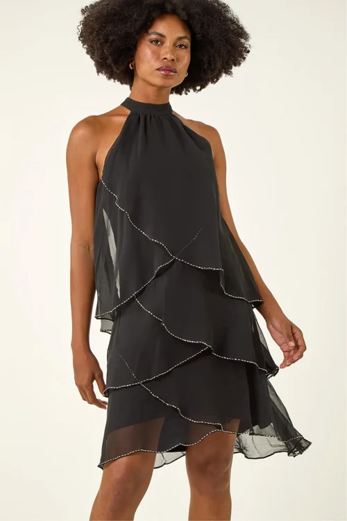 Roman Black Sequin Trim Halterneck Dress - 12 Image 4
