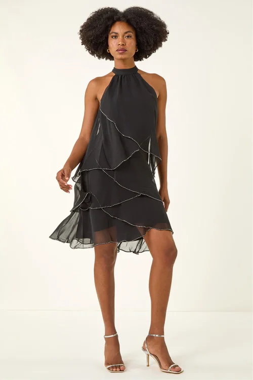 Roman Black Sequin Trim Halterneck Dress - 12 Image 2