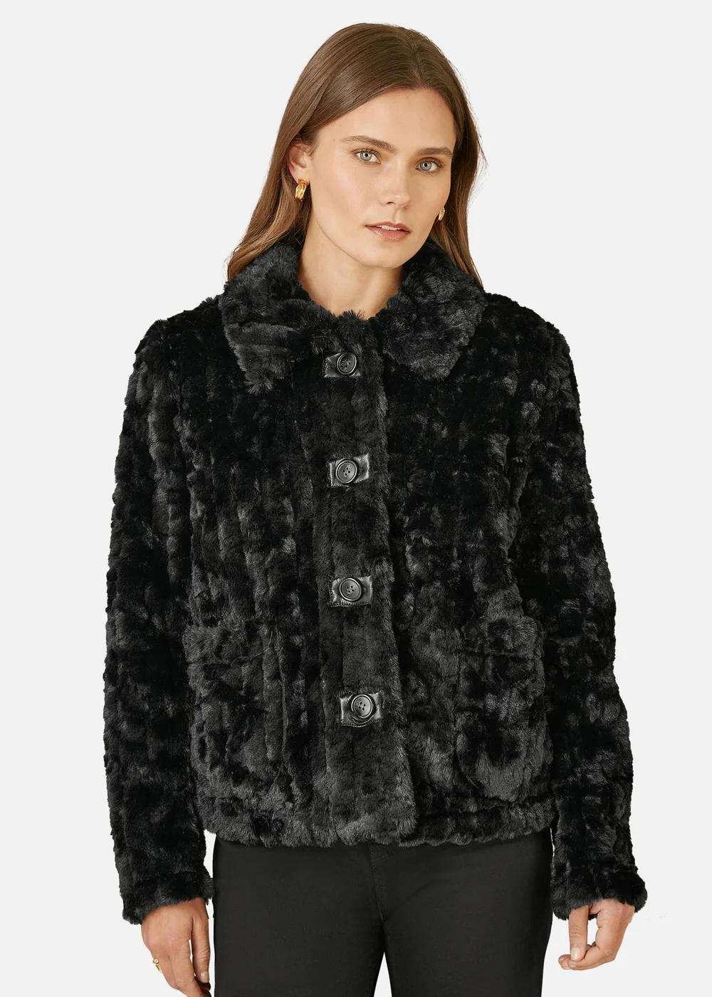 Yumi Black Luxe Textured Faux Fur Jacket With Pockets - 8 Image 2