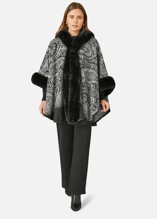 Yumi Black Faux Fur Trim Cape With Paisley Print - S/M Image 1