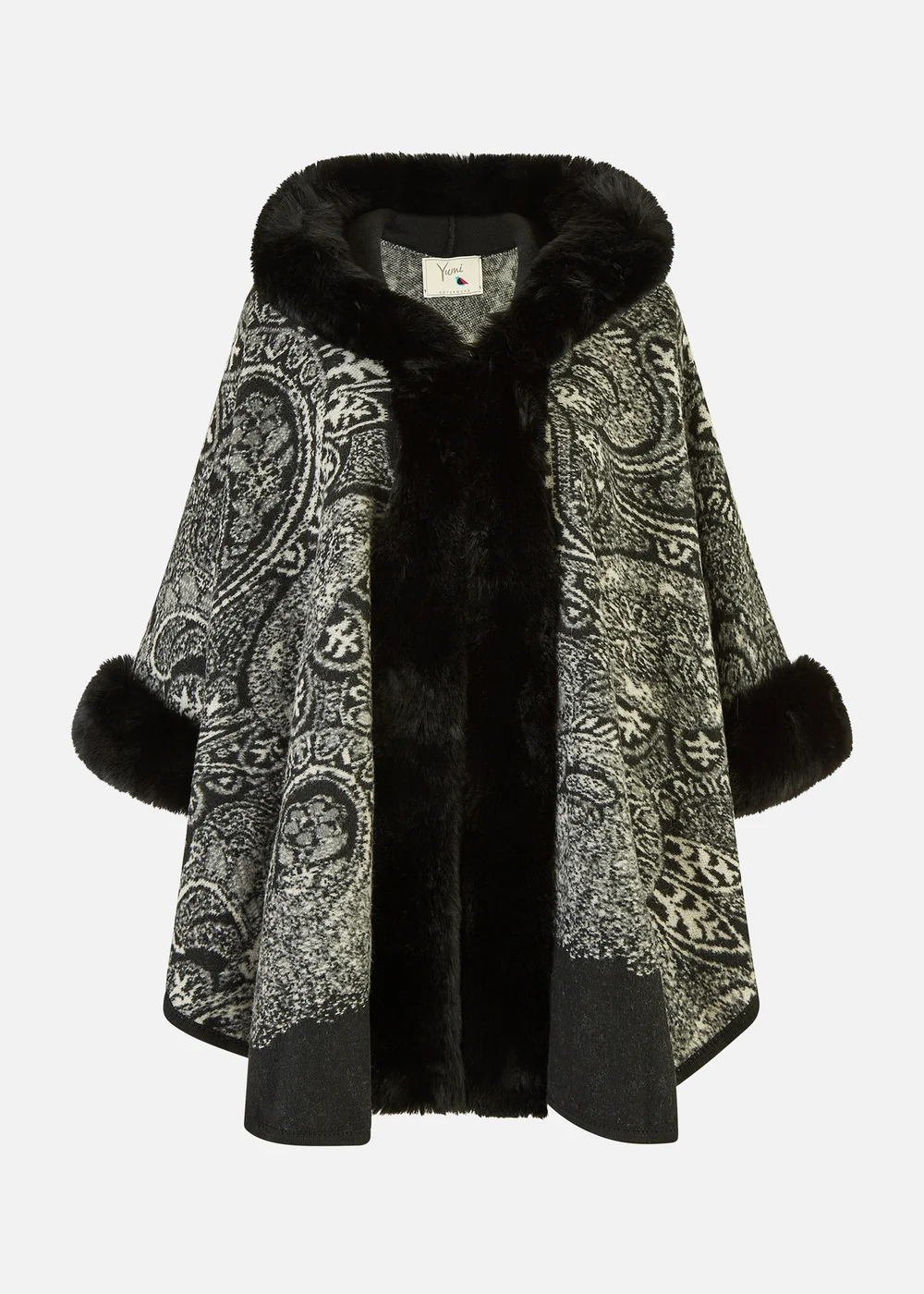Yumi Black Faux Fur Trim Cape With Paisley Print - S/M Image 3