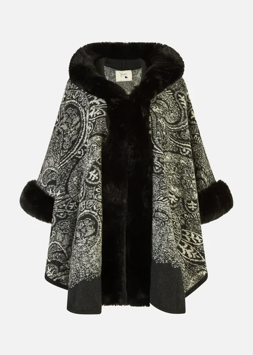 Yumi Black Faux Fur Trim Cape With Paisley Print - S/M Image 3