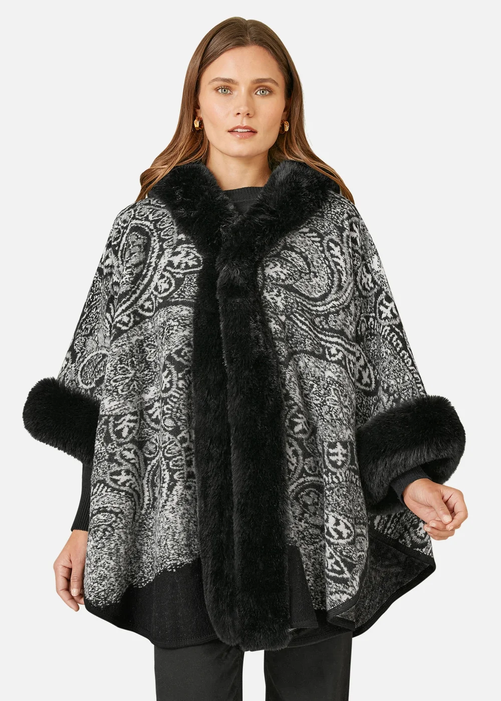Yumi Black Faux Fur Trim Cape With Paisley Print - S/M Image 2