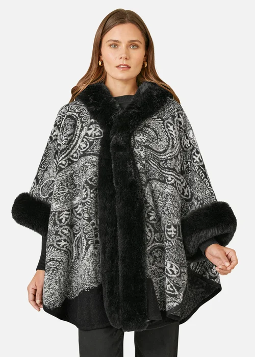 Yumi Black Faux Fur Trim Cape With Paisley Print - S/M Image 2