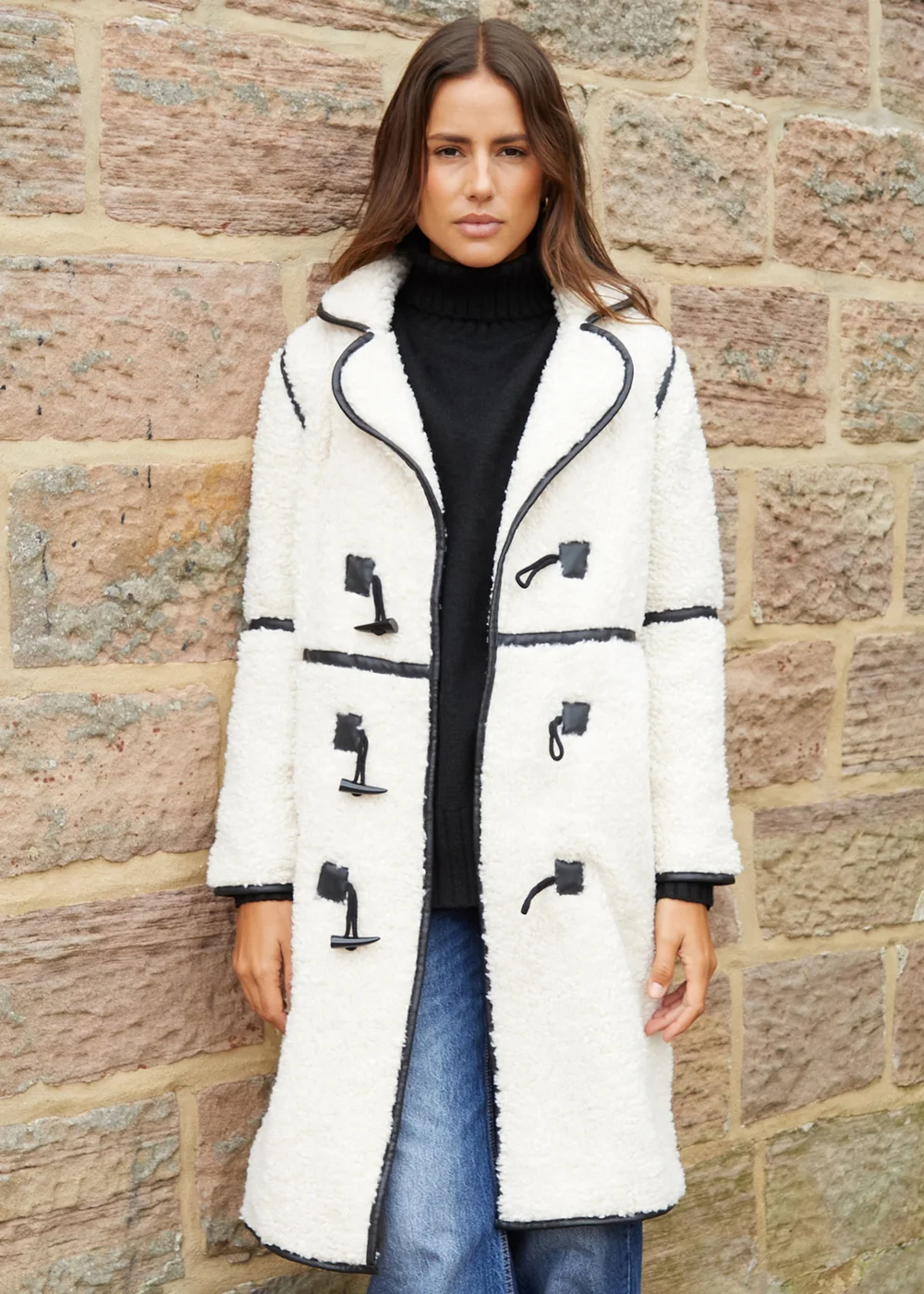 Threadbare Natural Cloud Longline Borg Toggle Coat With PU Trim - 8 Image 1
