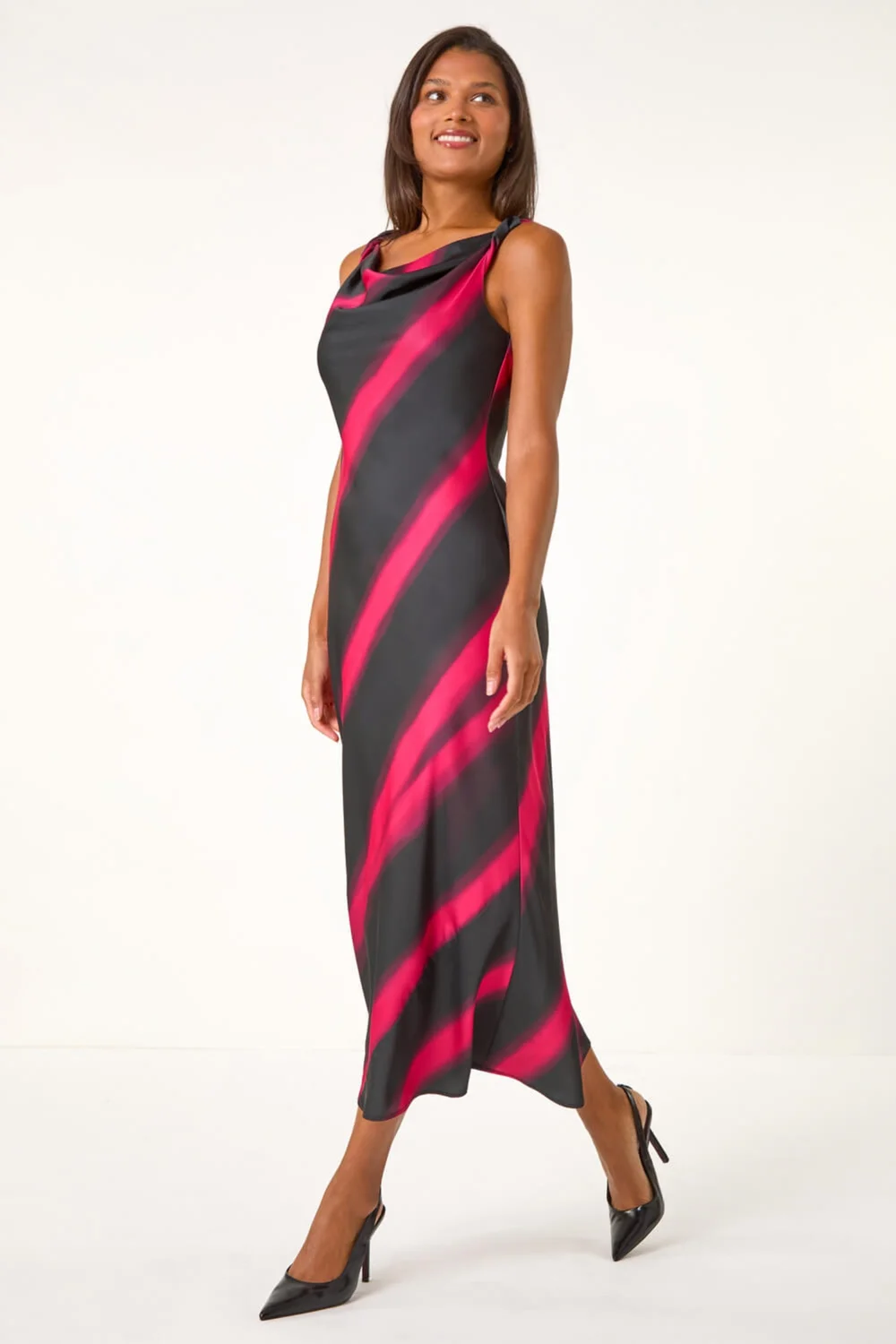 Roman Black Stripe Print Satin Twist Strap Midi Dress - 10 Image 3