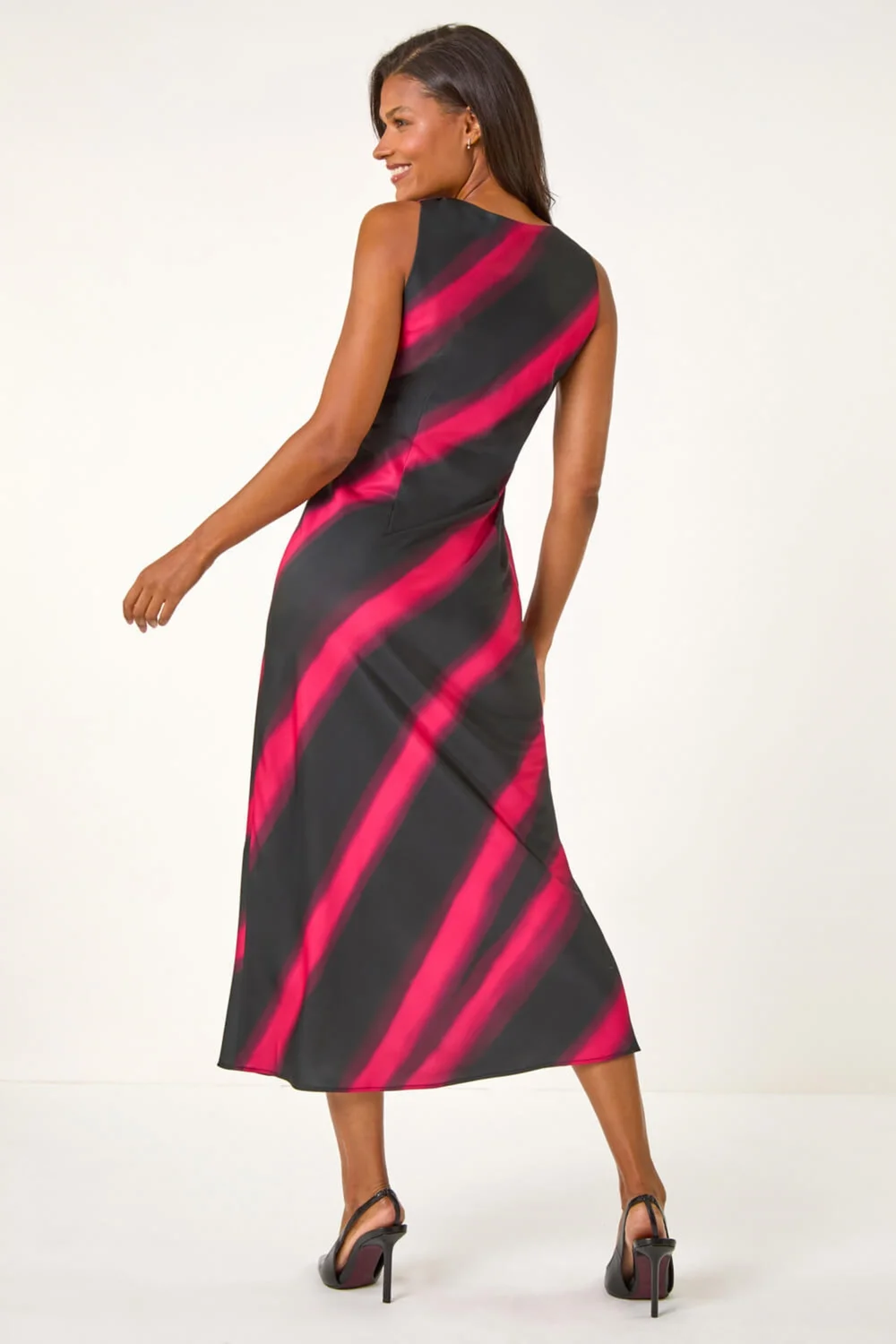 Roman Black Stripe Print Satin Twist Strap Midi Dress - 10 Image 4