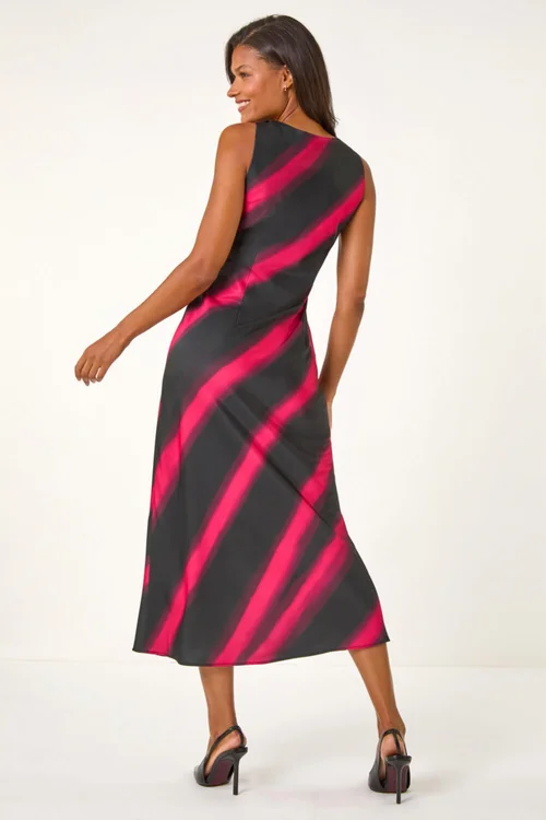 Roman Black Stripe Print Satin Twist Strap Midi Dress - 10 Image 4