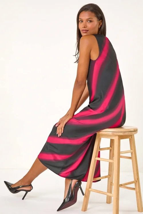 Roman Black Stripe Print Satin Twist Strap Midi Dress - 10 Image 2