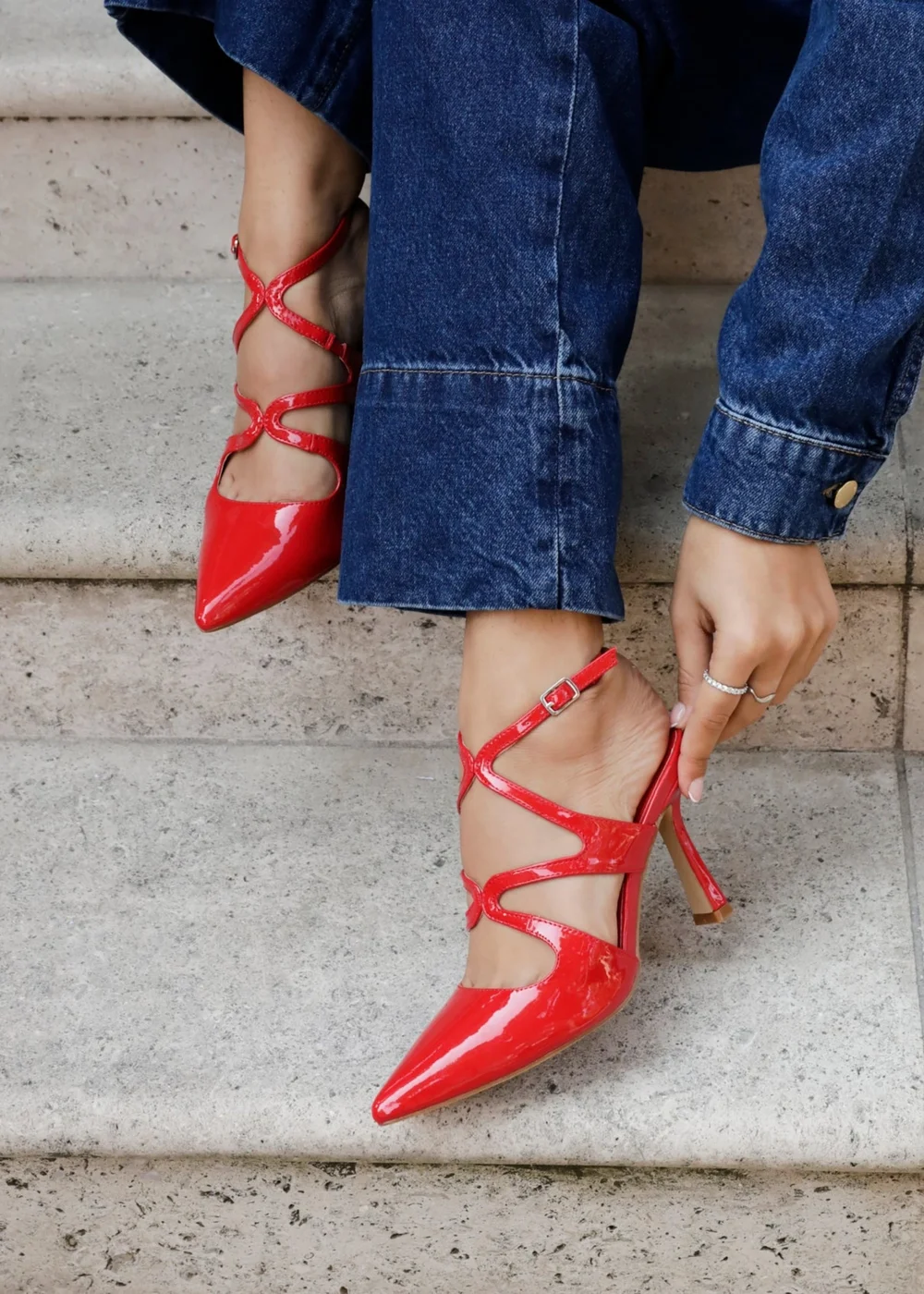 Linzi Sammi Red Faux Patent Caged Upper Court Heel - 3 Image 1