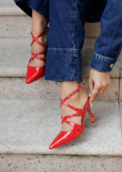 Linzi Sammi Red Faux Patent Caged Upper Court Heel - 3 Image 1