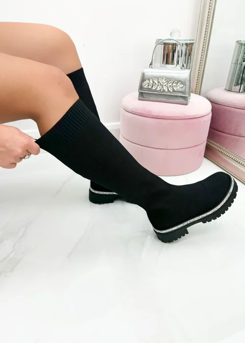 Love Lemonade Black Sparkly Calf Stretch Sock Boots - 3 Image 2