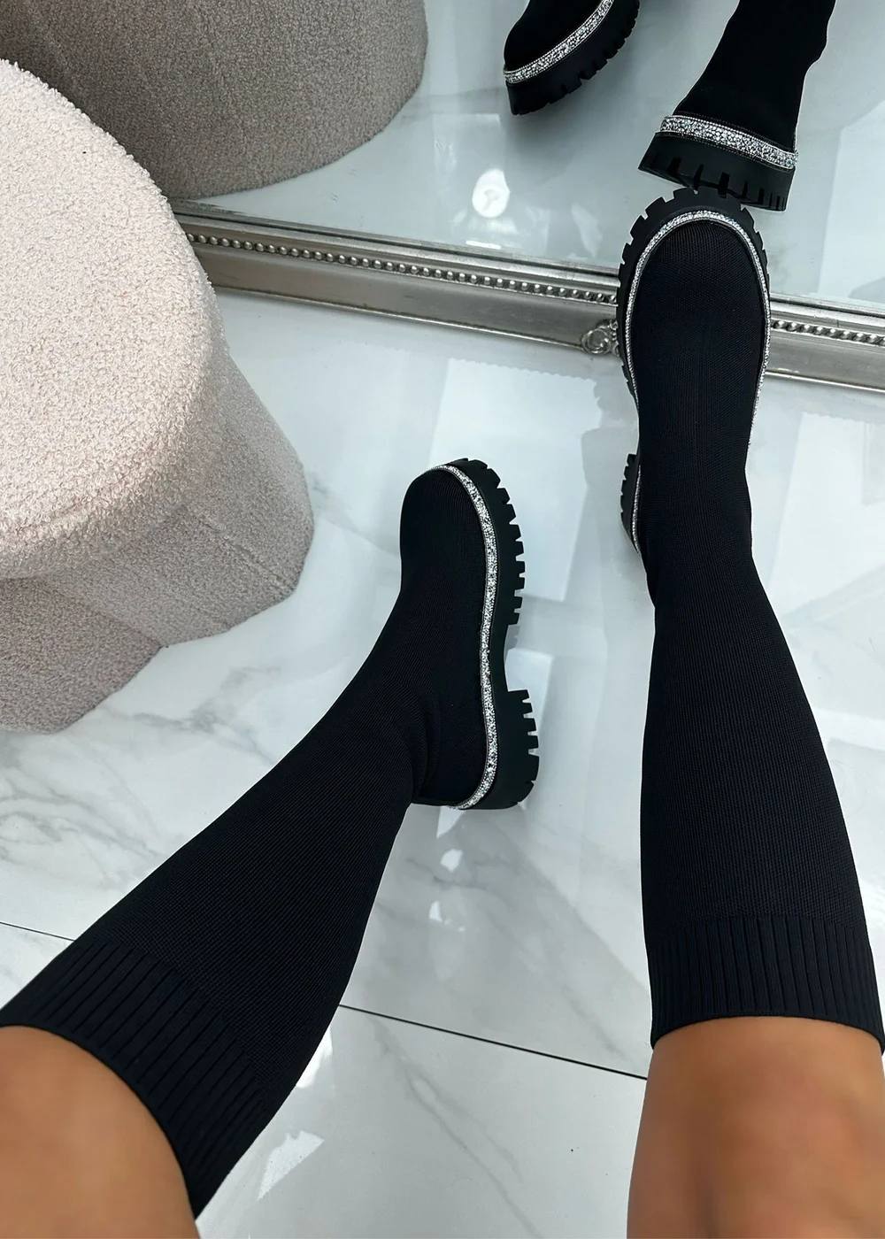 Love Lemonade Black Sparkly Calf Stretch Sock Boots - 3 Image 1
