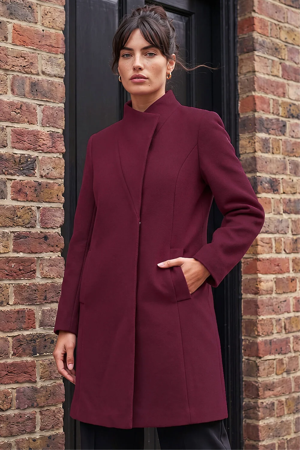 Roman Burgundy Tailored Funnel Neck Pocket Detail Coat - 20 Image 1