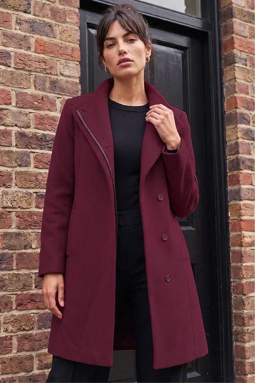Roman Burgundy Tailored Funnel Neck Pocket Detail Coat - 20 Image 2