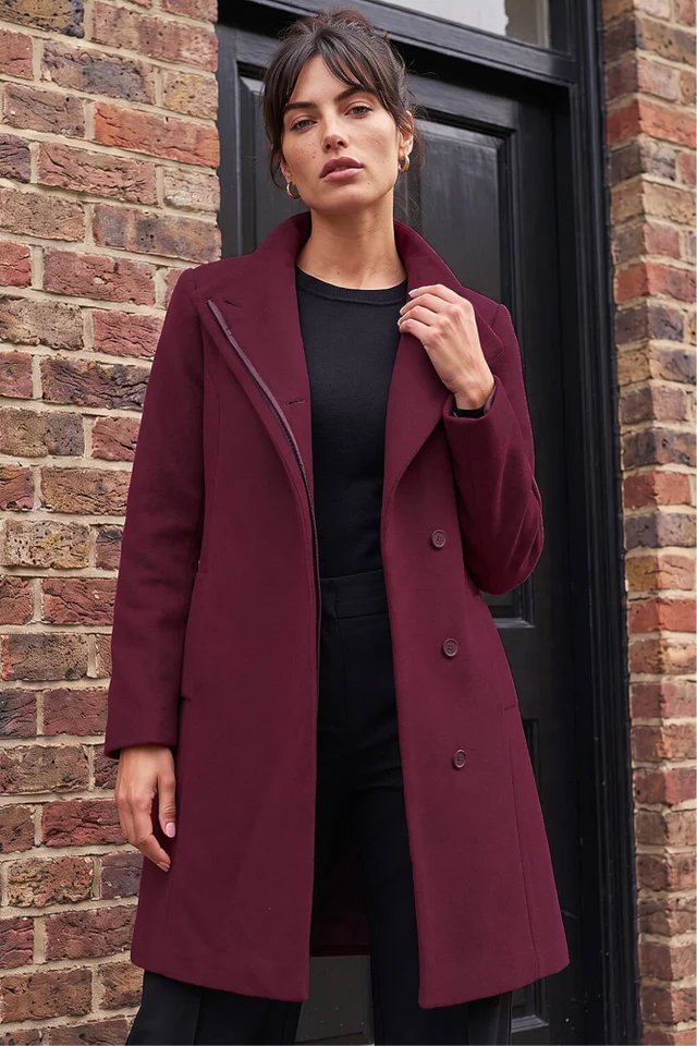 Roman Burgundy Tailored Funnel Neck Pocket Detail Coat