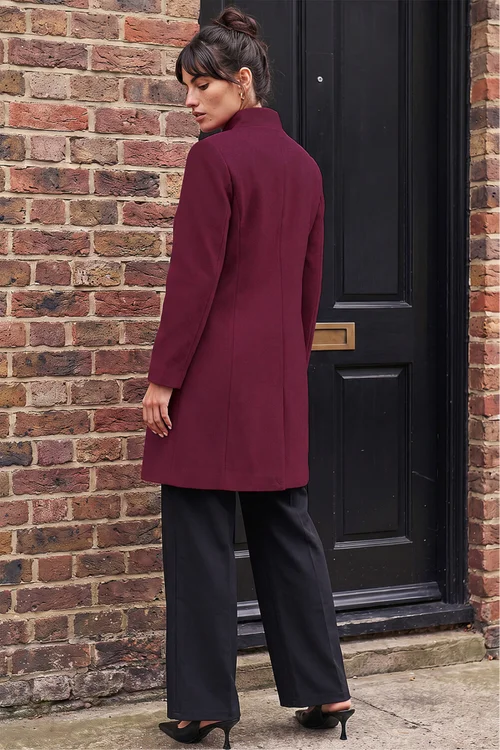 Roman Burgundy Tailored Funnel Neck Pocket Detail Coat - 20 Image 4