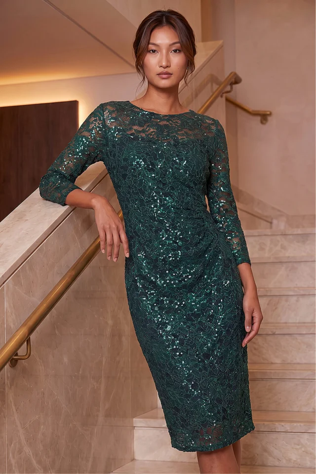 Roman Green Sequin Lace Ruched Stretch Dress