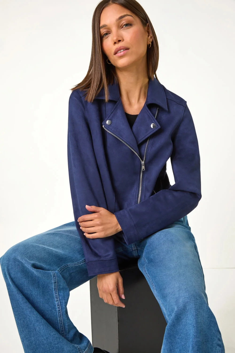 Roman Navy Faux Suede Biker Jacket - 22 Image 2