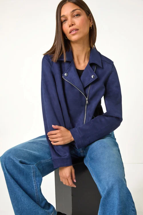 Roman Navy Faux Suede Biker Jacket - 22 Image 2