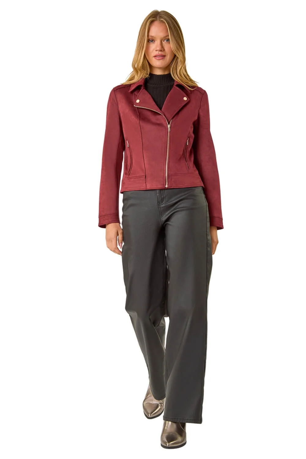 Roman Burgundy Faux Suede Biker Jacket - 10 Image 2