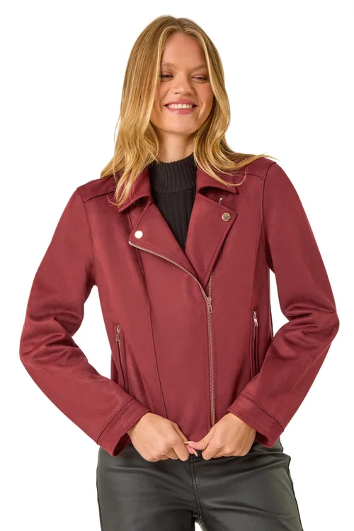 Roman Burgundy Faux Suede Biker Jacket - 10 Image 1