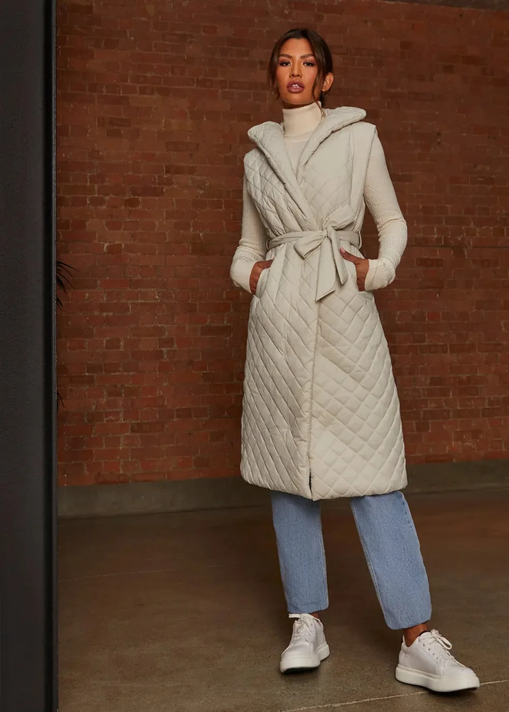 Chi Chi London Cream Diamond Quilted Longline Belted Gilet - 6 Image 1