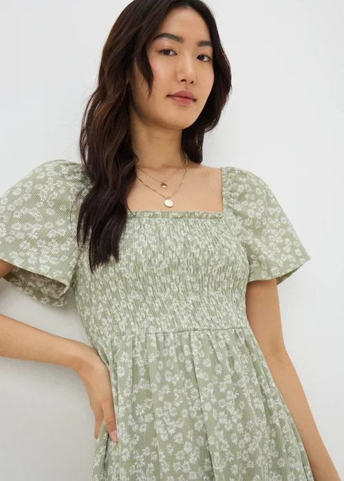 Sage Green Ditsy Floral Shirred Midi Dress - 8 Image 3