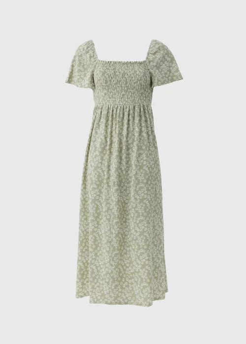 Sage Green Ditsy Floral Shirred Midi Dress - 8 Image 4