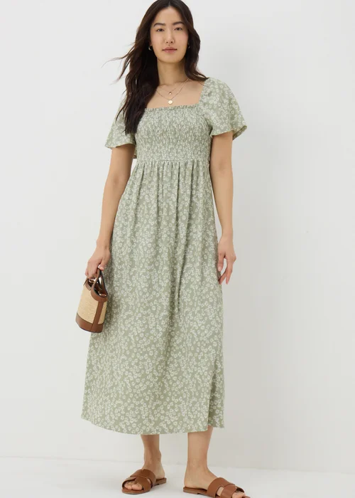 Sage Green Ditsy Floral Shirred Midi Dress - 8 Image 1