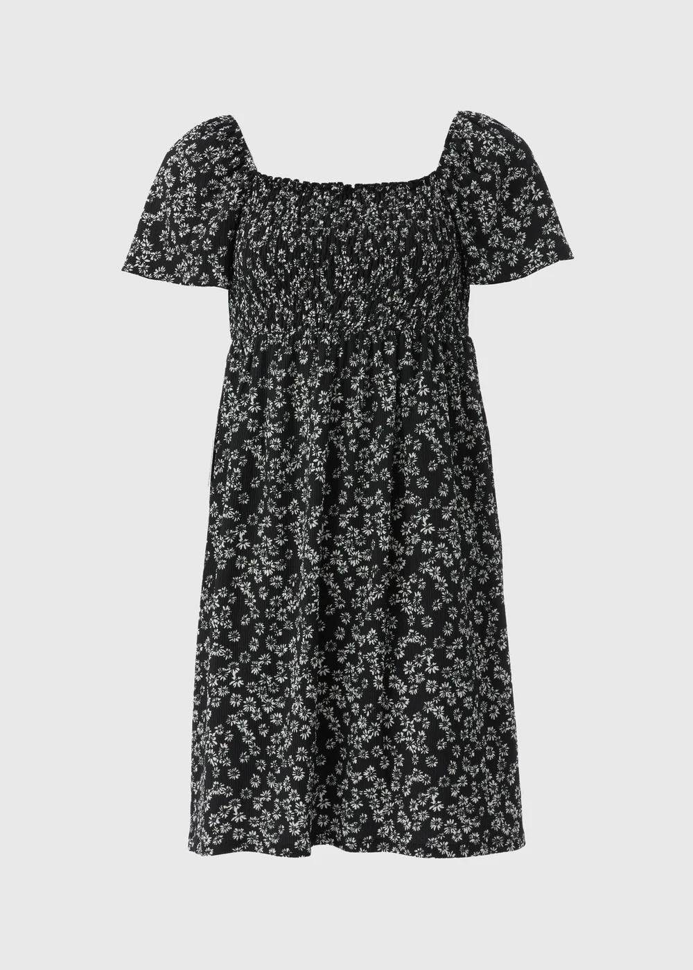 Black Monochrome Floral Shirred Mini Dress - 8 Image 2