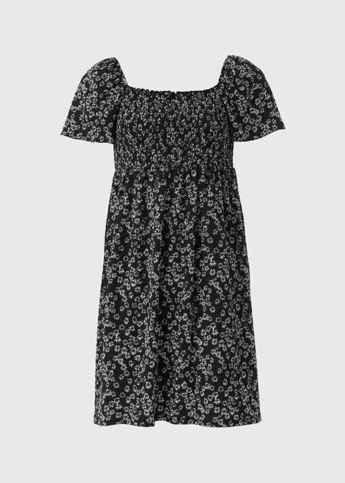 Black Monochrome Floral Shirred Mini Dress - 8 Image 2