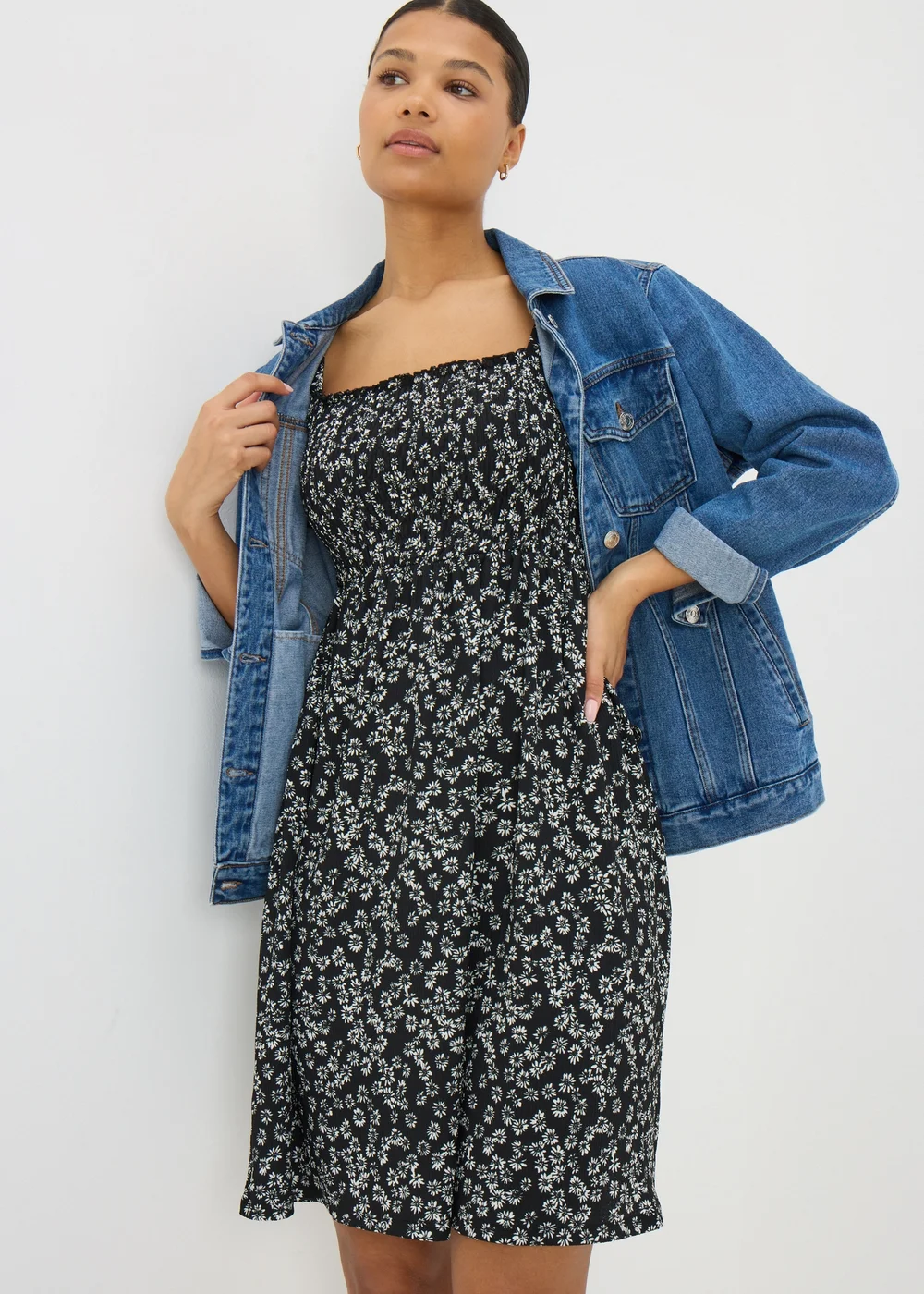 Black Monochrome Floral Shirred Mini Dress - 8 Image 1