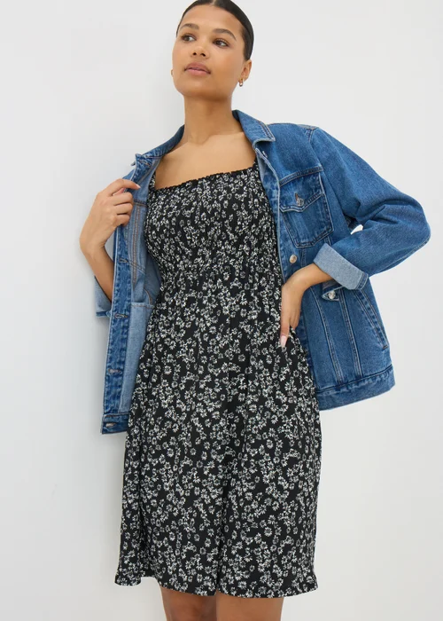 Black Monochrome Floral Shirred Mini Dress - 8 Image 1