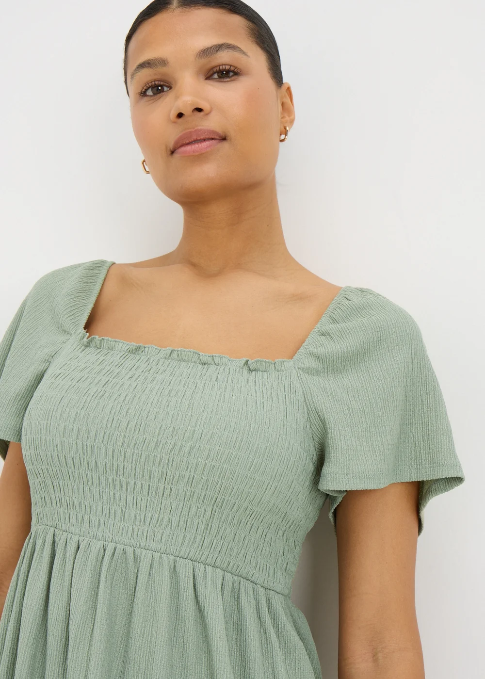 Sage Green Shirred Mini Dress - 8 Image 3