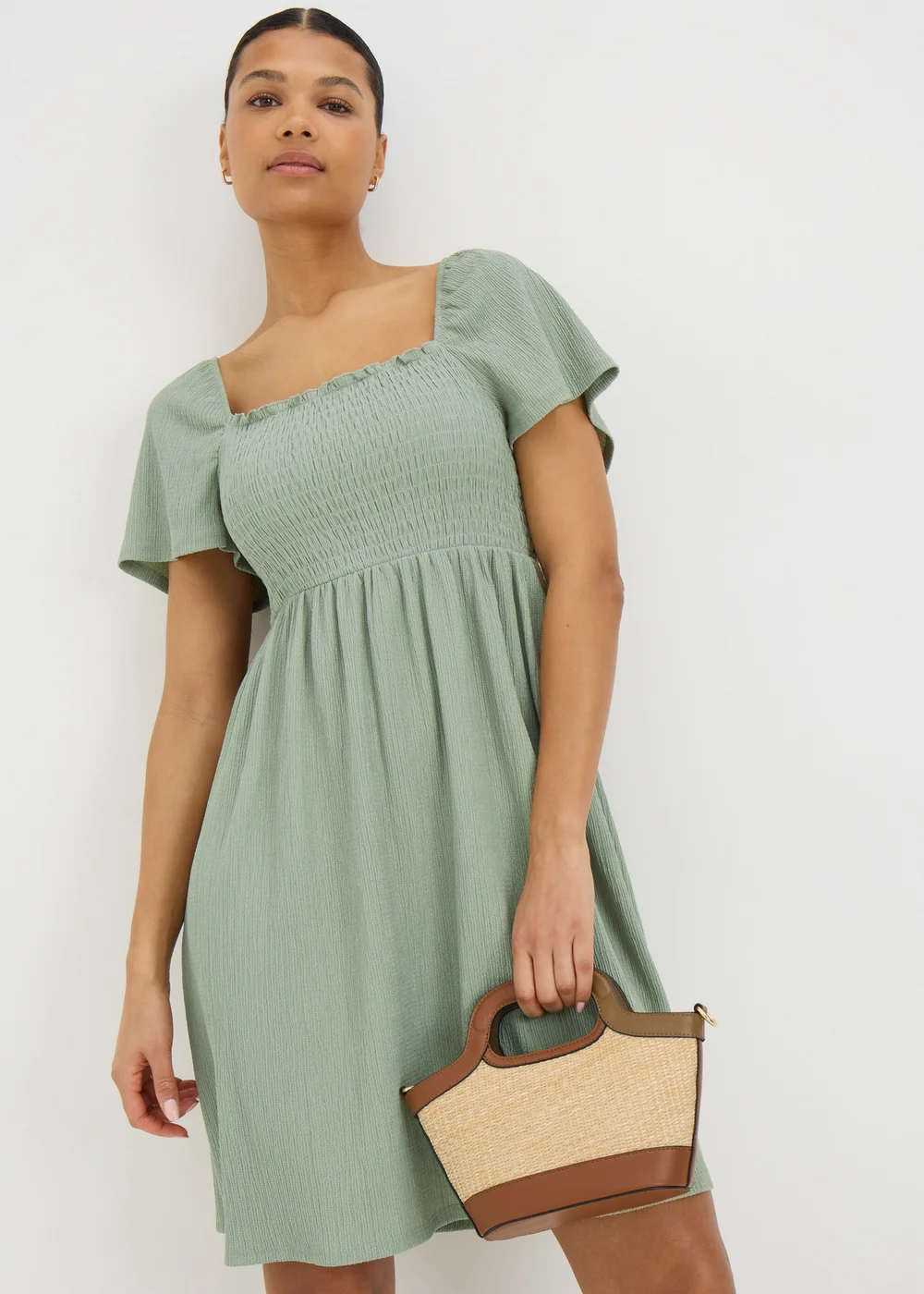 Sage Green Shirred Mini Dress - Size 8 Sage Green Shirred Mini Dress - Size 8