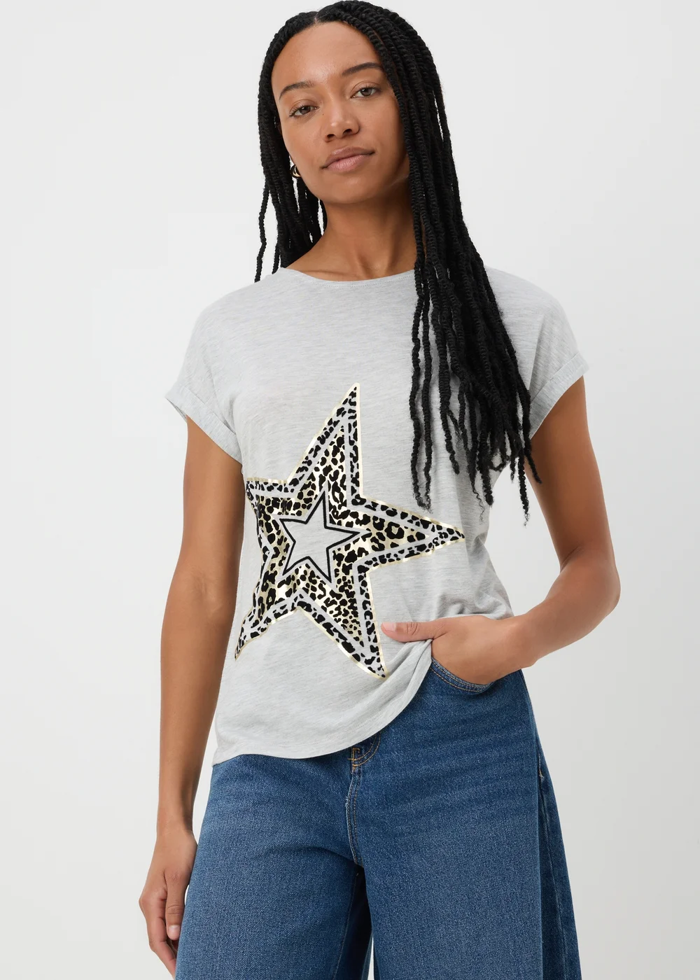 Grey Animal Flocked Star Graphic T-Shirt - 8 Image 2