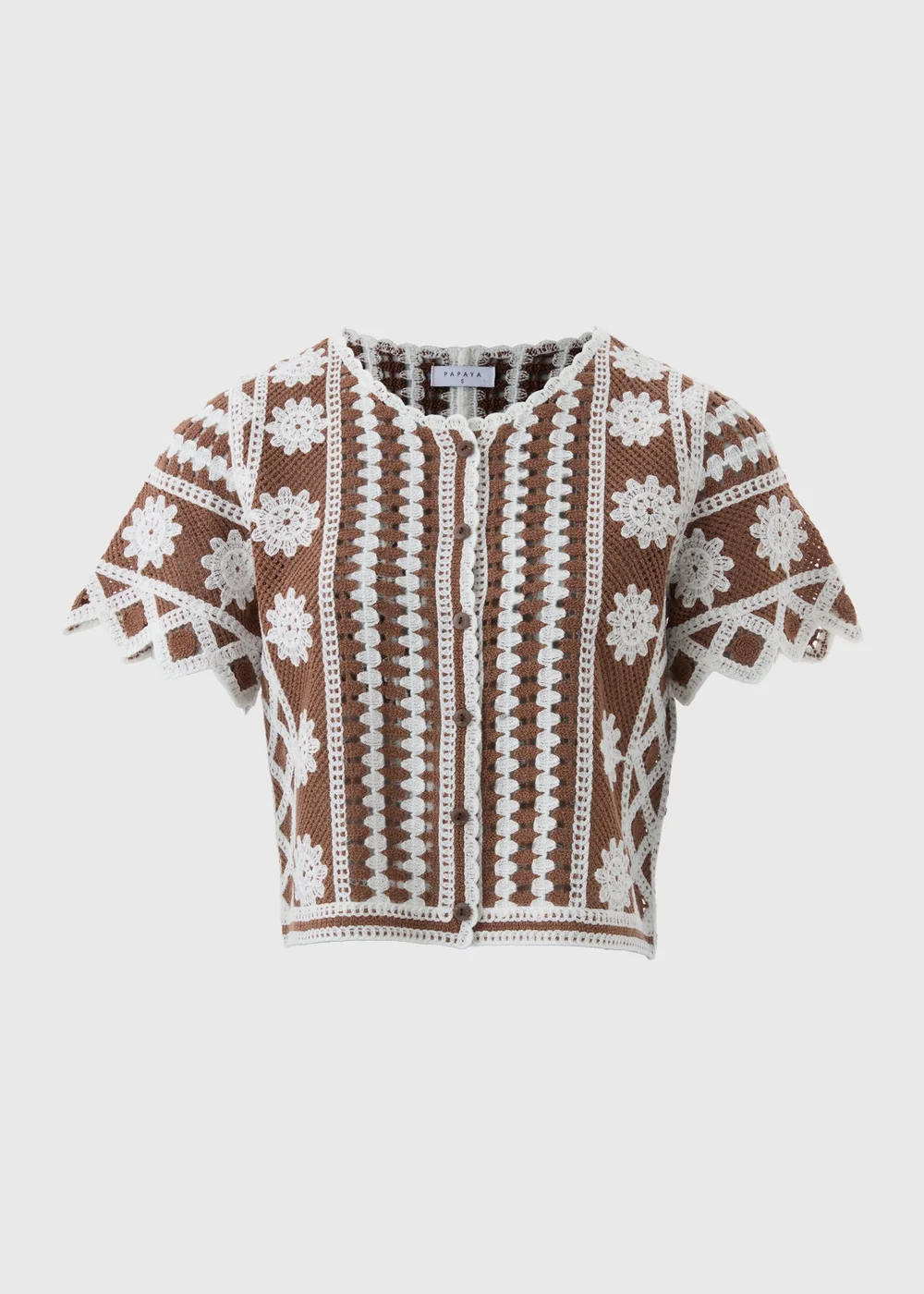 Brown Crochet Pattern Button Up T-Shirt - XS Image 4