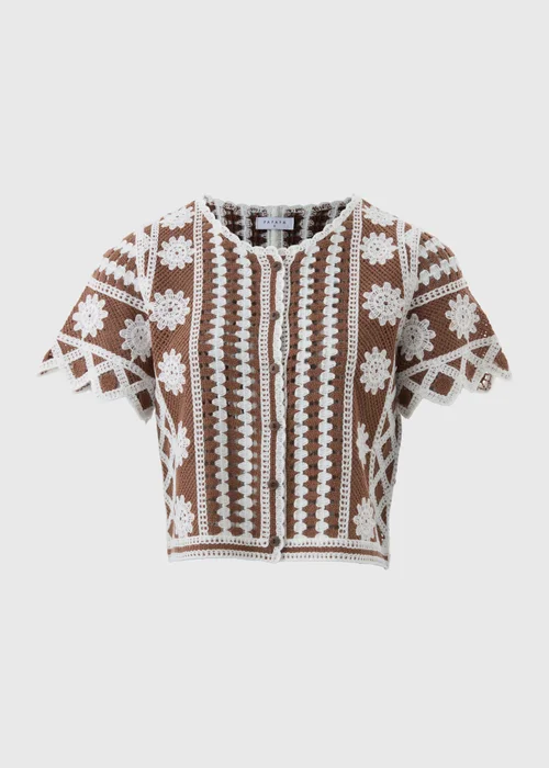 Brown Crochet Pattern Button Up T-Shirt - XS Image 4