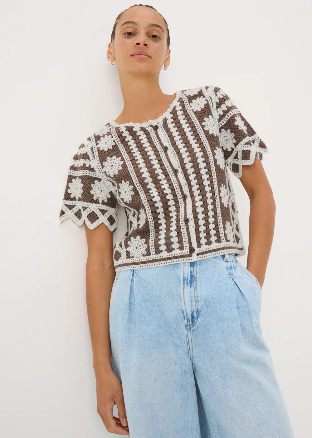 Brown Crochet Pattern Button Up T-Shirt - XS Image 1