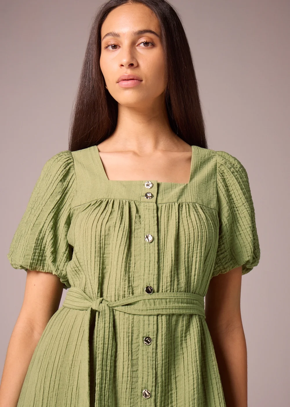 Et Vous Khaki Belted Textured Midi Dress - 8 Image 3