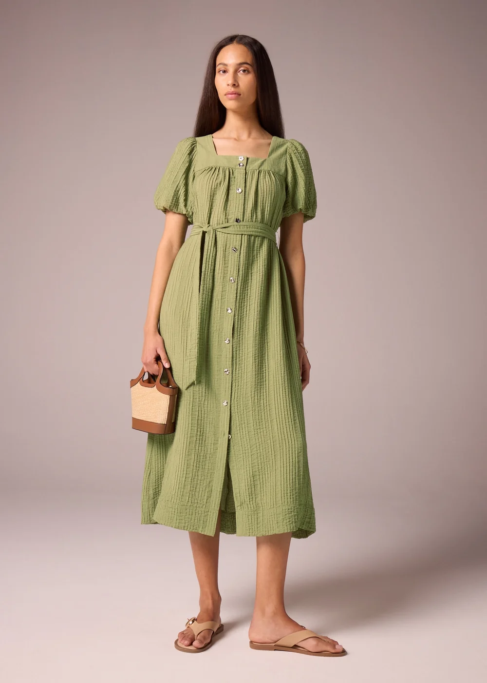 Et Vous Khaki Belted Textured Midi Dress - 8 Image 1
