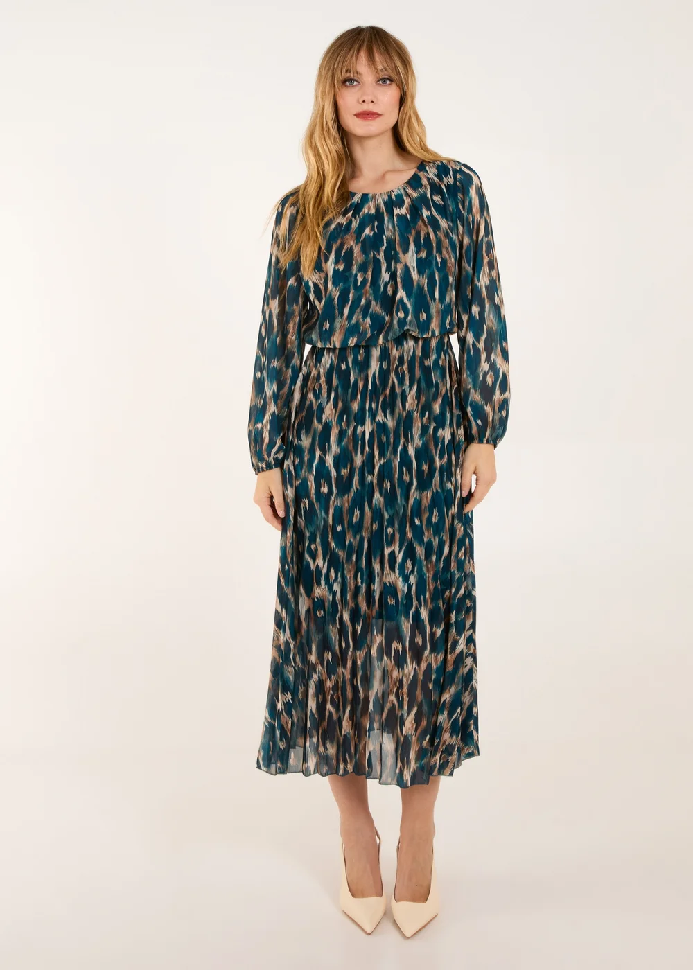 Blue Vanilla Teal Round Neck Pleated Abstract Leopard Dress - M/L Image 4