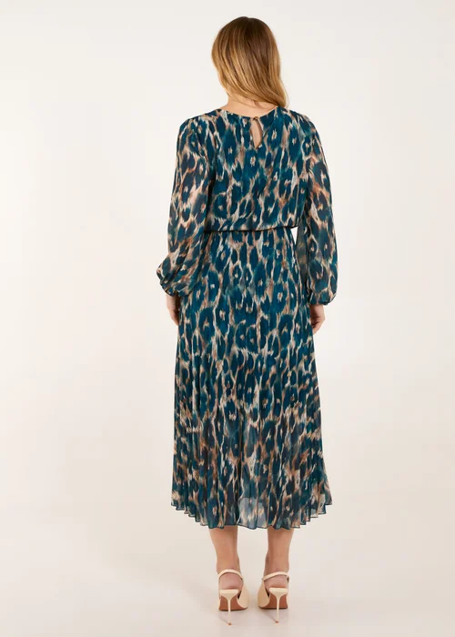Blue Vanilla Teal Round Neck Pleated Abstract Leopard Dress - M/L Image 2